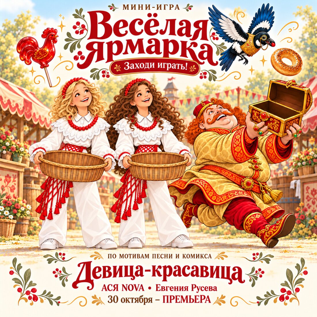Афиша мини-игры «Весёлая Ярмарка»: Ася и Женя с корзинками, купец Златобрюх с сундуком, Сорока, леденец-петушок и баранка